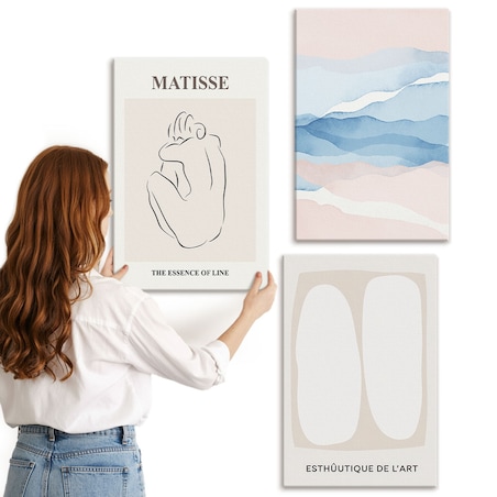 Zestaw 3 dużych obrazów na płótnie - Abstrakcyjne formy Matisse - beżowy