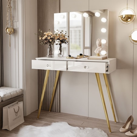 Toaletka SIENNA GOLD ELITE 100x42x81 cm z lustrem LED, biały wysoki połysk, złote nogi