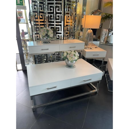 Biały srebrny stolik kawowy/ ława Biała Milano 120x70x45 / 2 pojemne szuflady