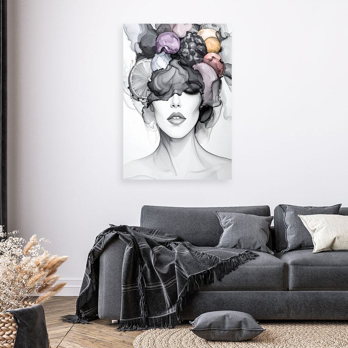 Obraz czarno biały do salonu kuchni, Kobieta z owocami na głowie 40x60