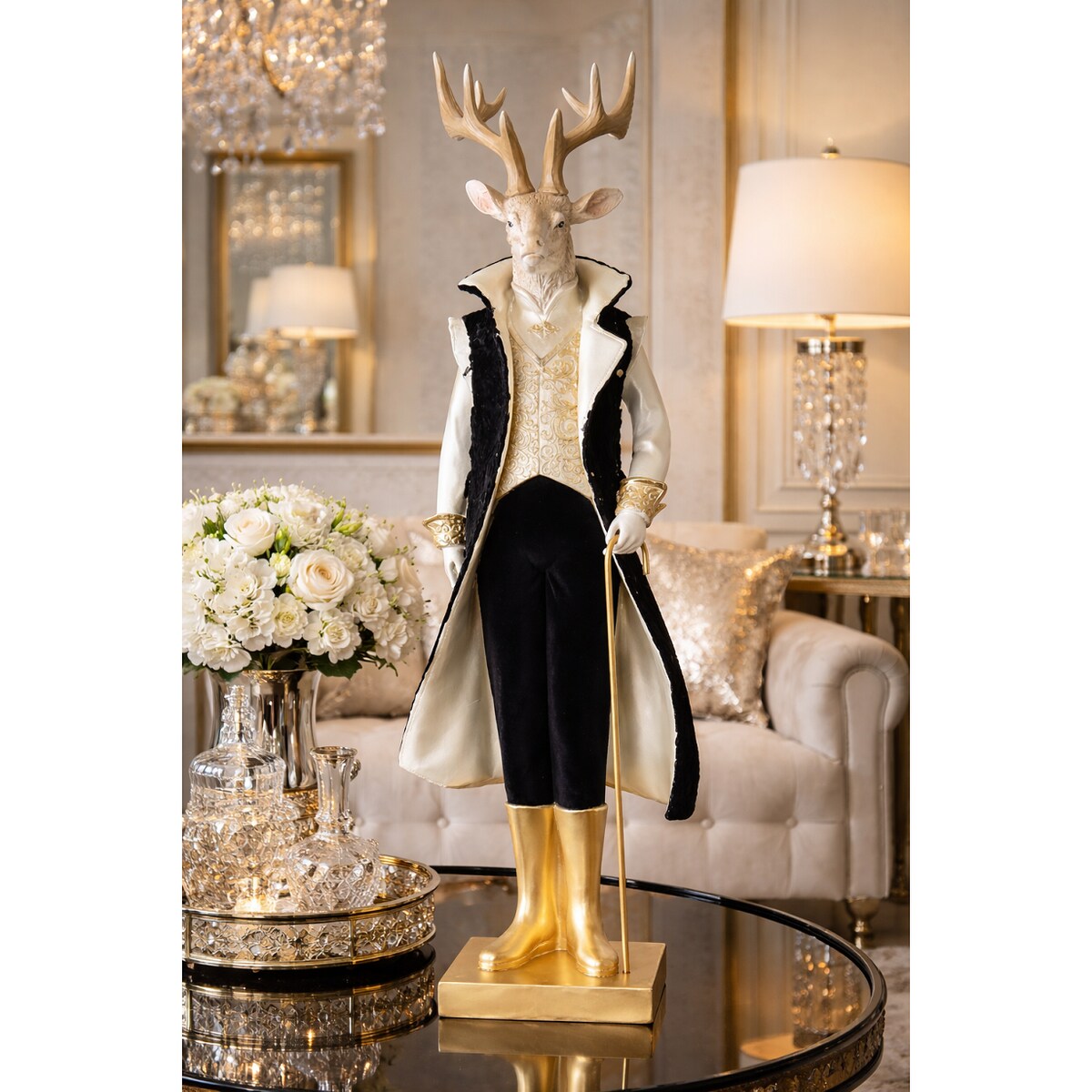 Figurka - pan renifer 62x21x17,5 cm RENIK w granatowo-białym płaszczu i z laską