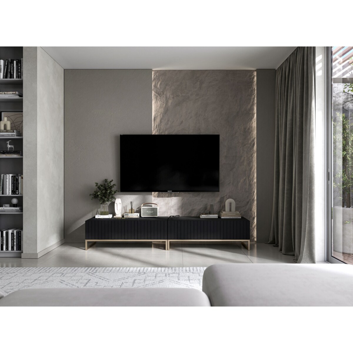 Nowoczesna Szafka RTV Glamour Komoda RTV Ryflowane fronty Czarny Mat 220 cm