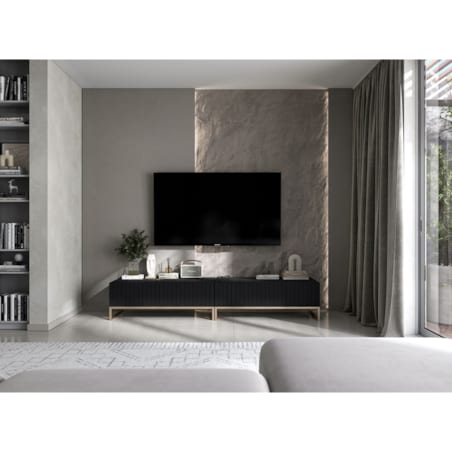 Nowoczesna Szafka RTV Glamour Komoda RTV Ryflowane fronty Czarny Mat 220 cm