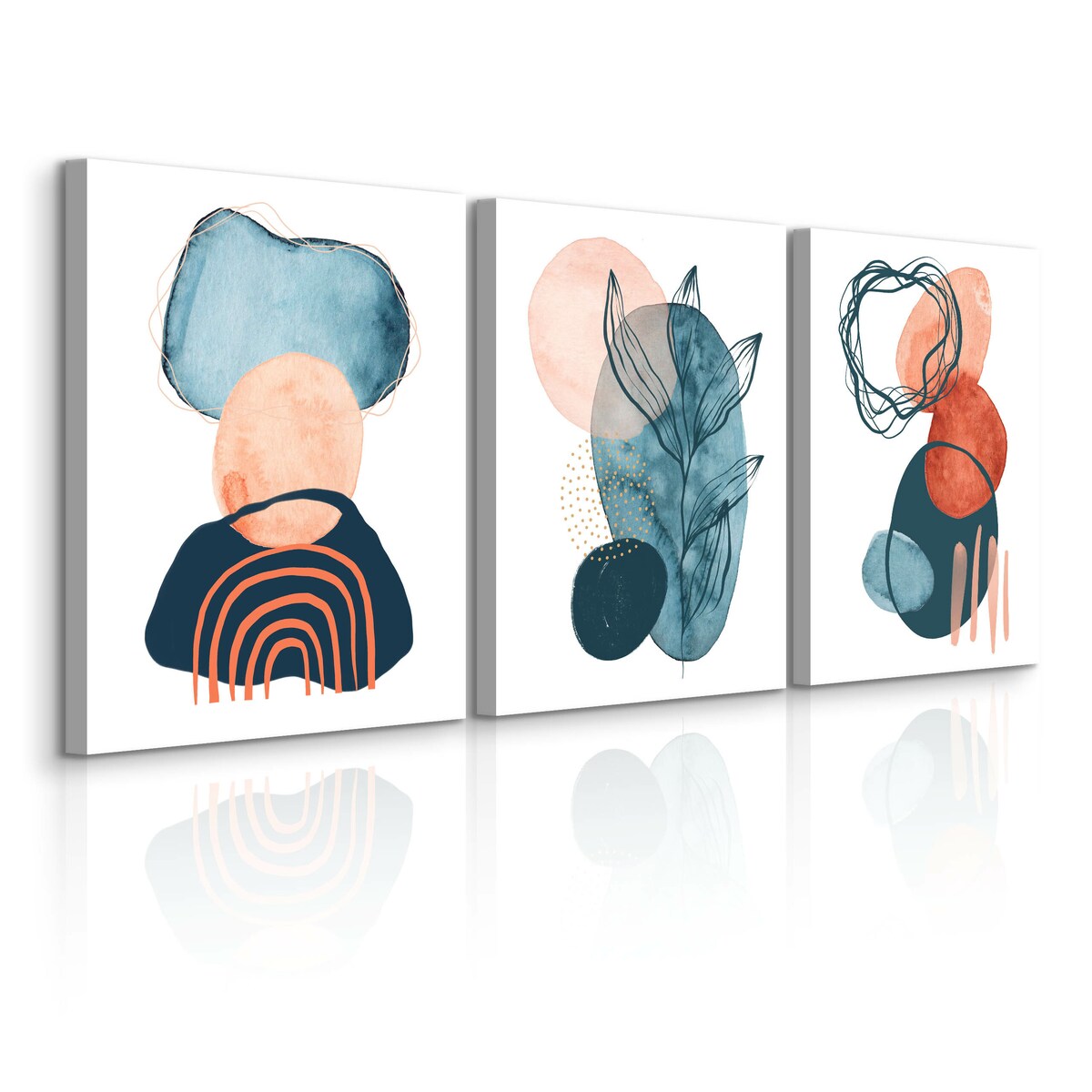 OBRAZY DO SALONU SET AKWARELE ABSTRAKCYJNE KSZTAŁTY LIŚCIE BOHO 90x40cm