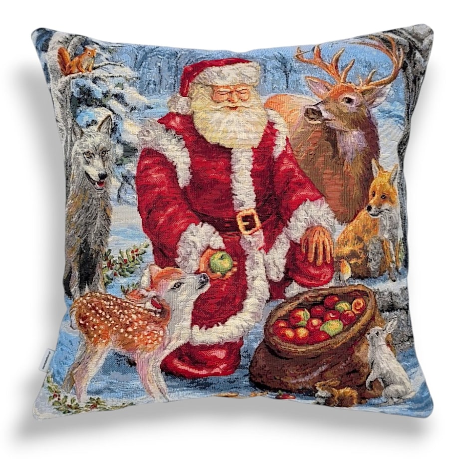 Dwustronna poduszka z wypełnieniem z Mikołajem i sarenką 45x45 z tkaniny gobelinowej
