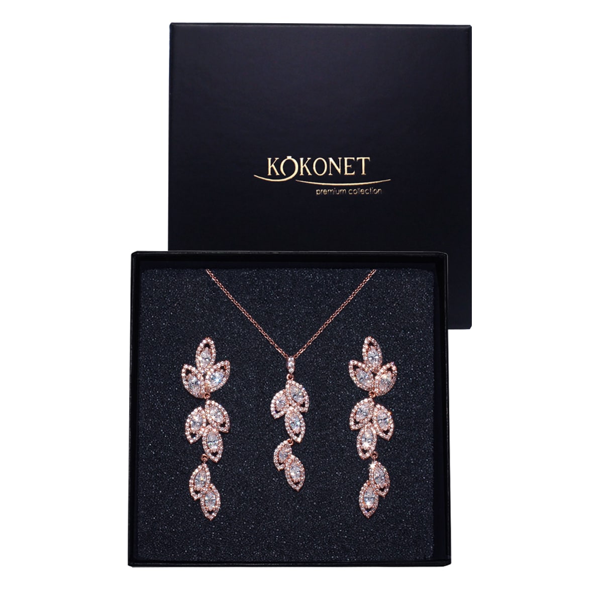 Komplet biżuterii ślubnej kolczyki naszyjnik RÓŻOWE ZŁOTO listki