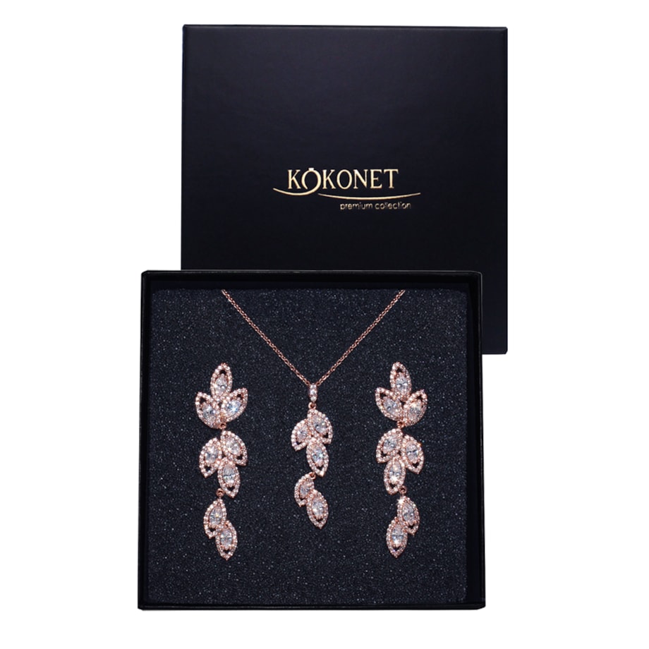Komplet biżuterii ślubnej kolczyki naszyjnik RÓŻOWE ZŁOTO listki