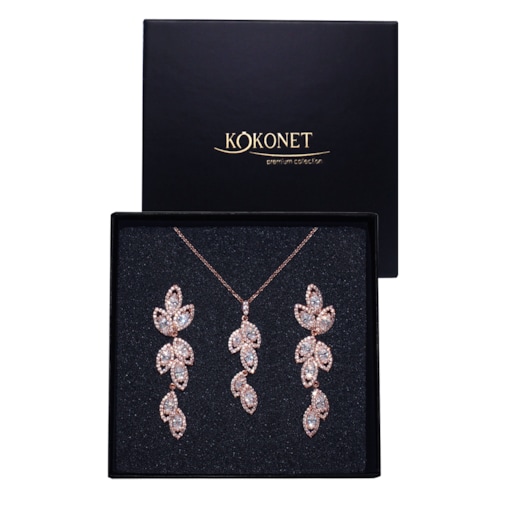 Komplet biżuterii ślubnej kolczyki naszyjnik RÓŻOWE ZŁOTO listki