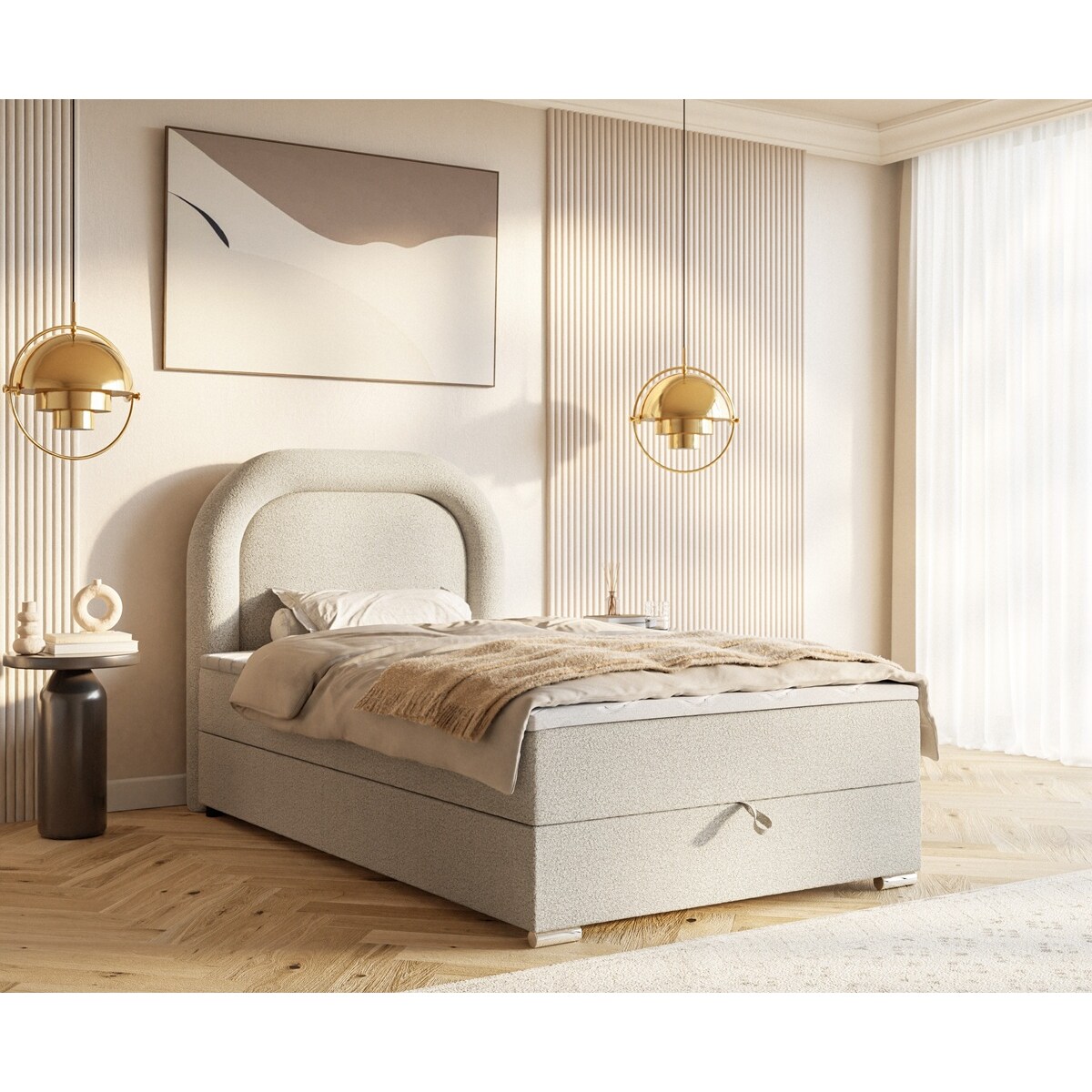 Łóżko kontynentalne BELLA z materacem, tkanina baranek- kremowe