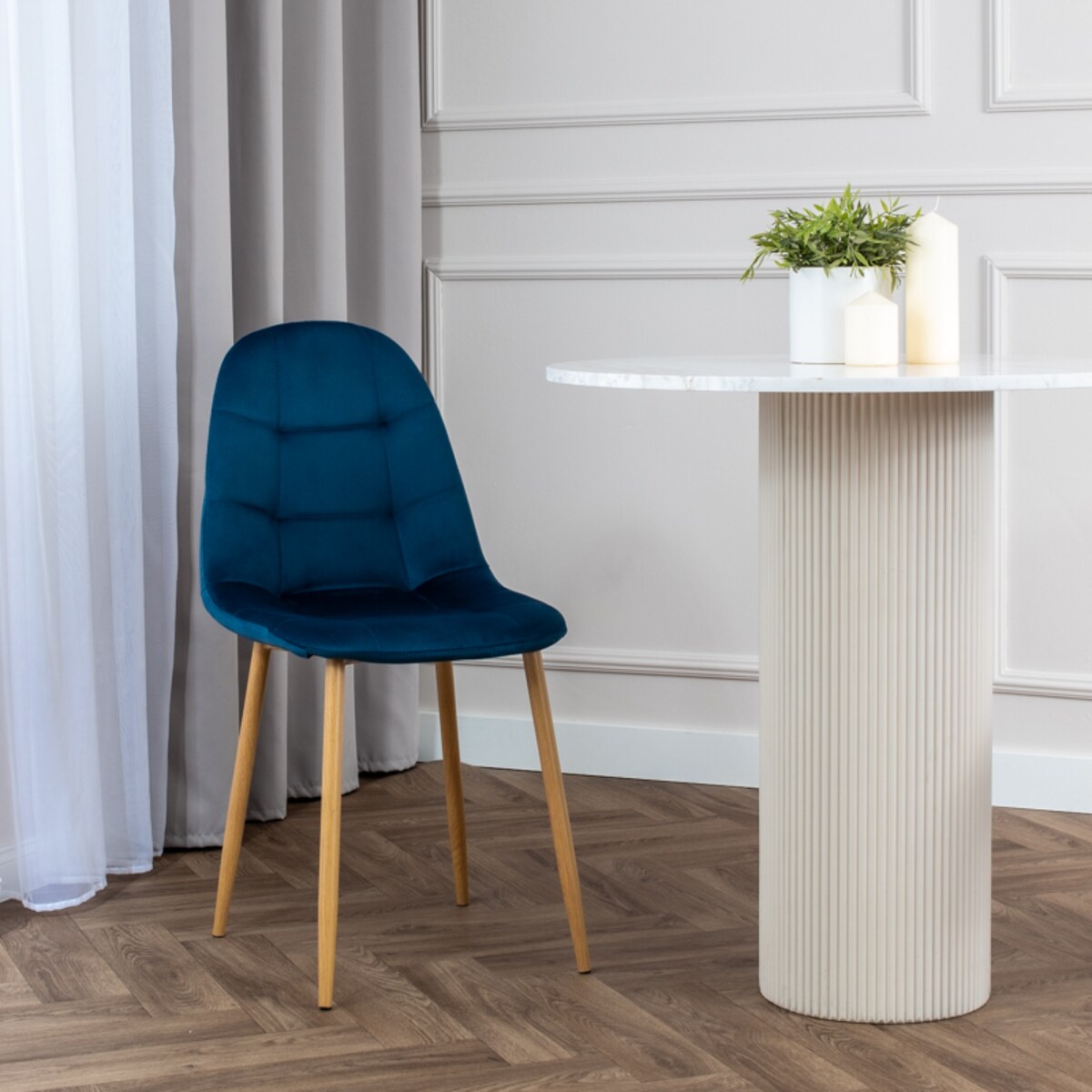 Krzesło tapicerowane do salonu jadalni welurowe granatowe pikowane