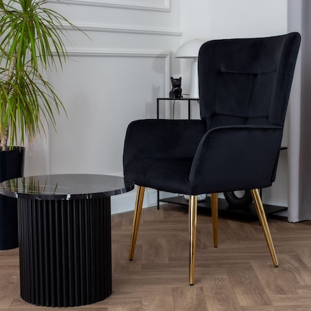Fotel uszak do salonu wypoczynkowy welurowy tapicerowany czarny złote nogi