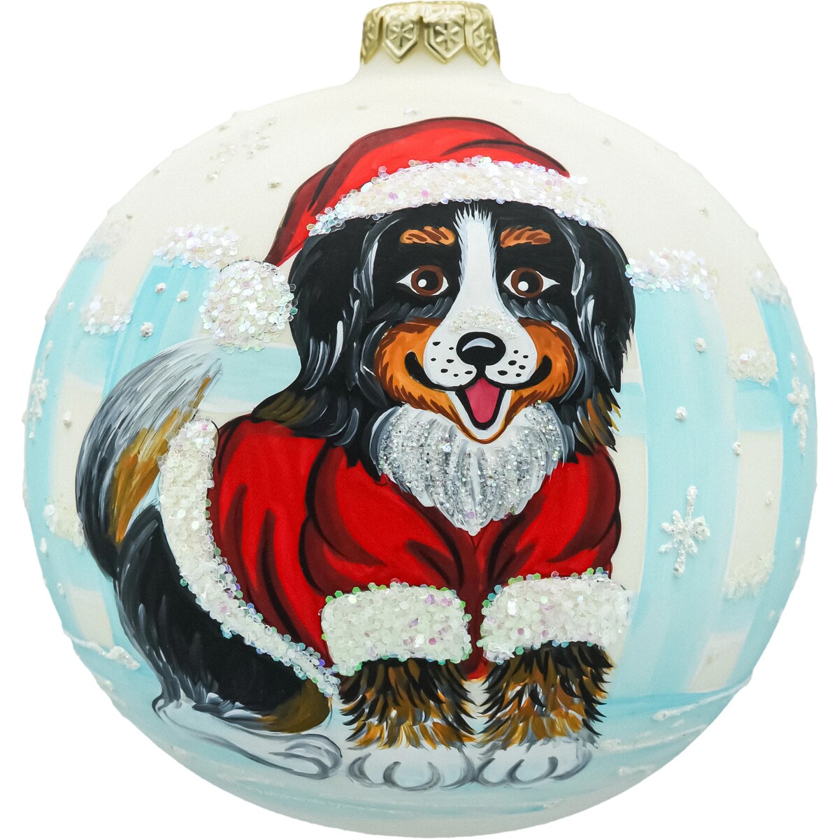 Bombka okrągła: Piesek w stroju Mikołaja