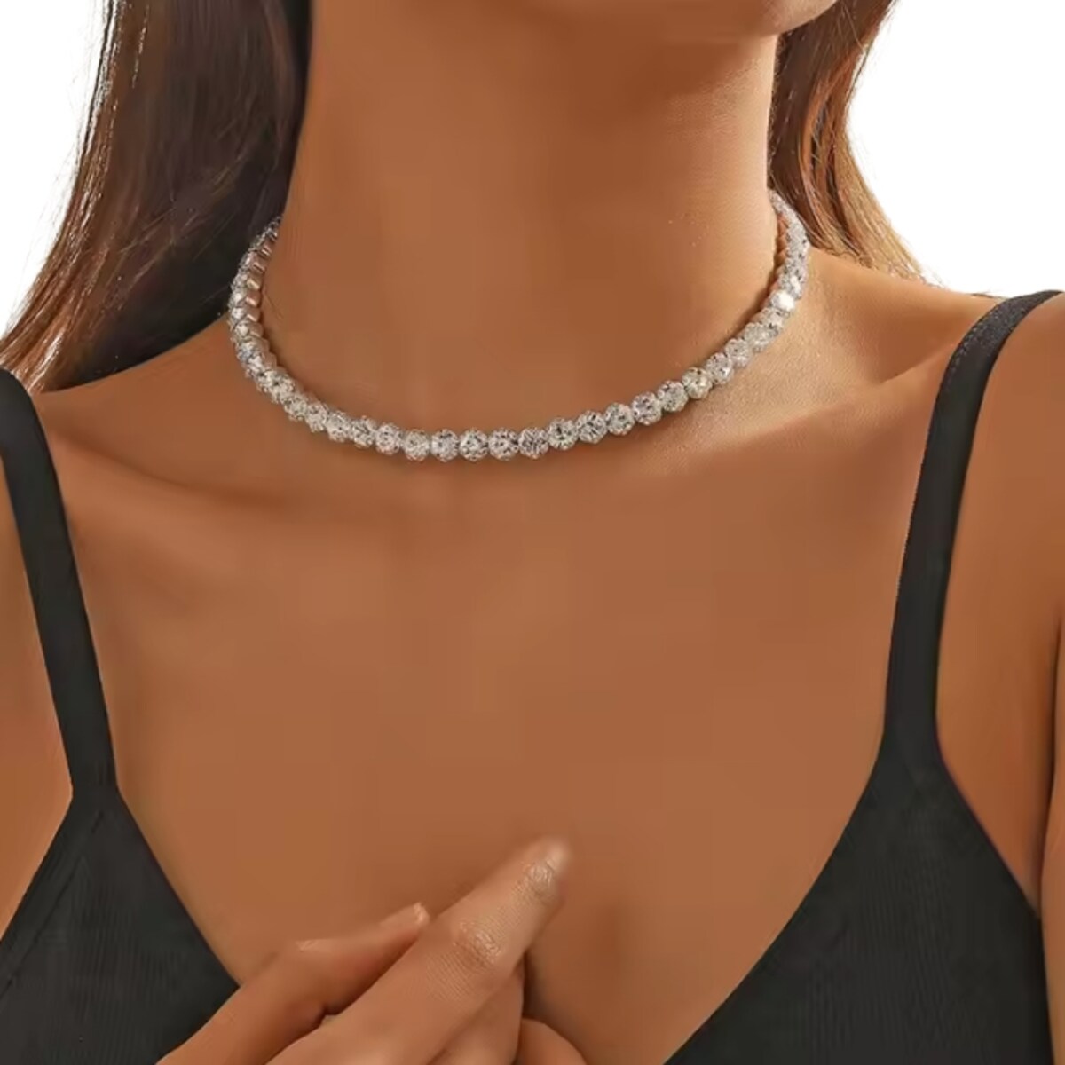 CHOKER srebrny z cyrkoniami jednorzędowy elegancki błyszczący efektowny