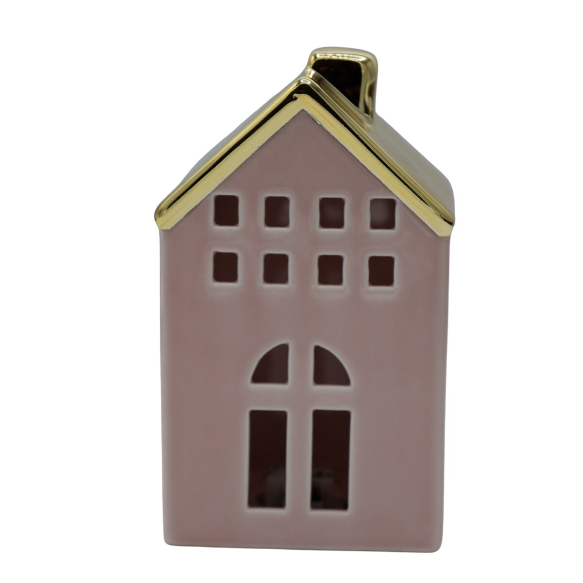 Domek ceramiczny LED, brudny róż ze złotym dachem, 9x8,1x15,1 cm