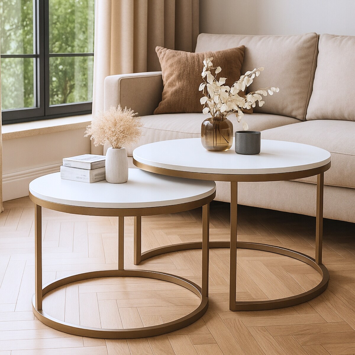 Zestaw 2 Stolików Kawowych Okrągłe LOFTOWE INDUSTRIAL Biały SOFT LOFT GOLD