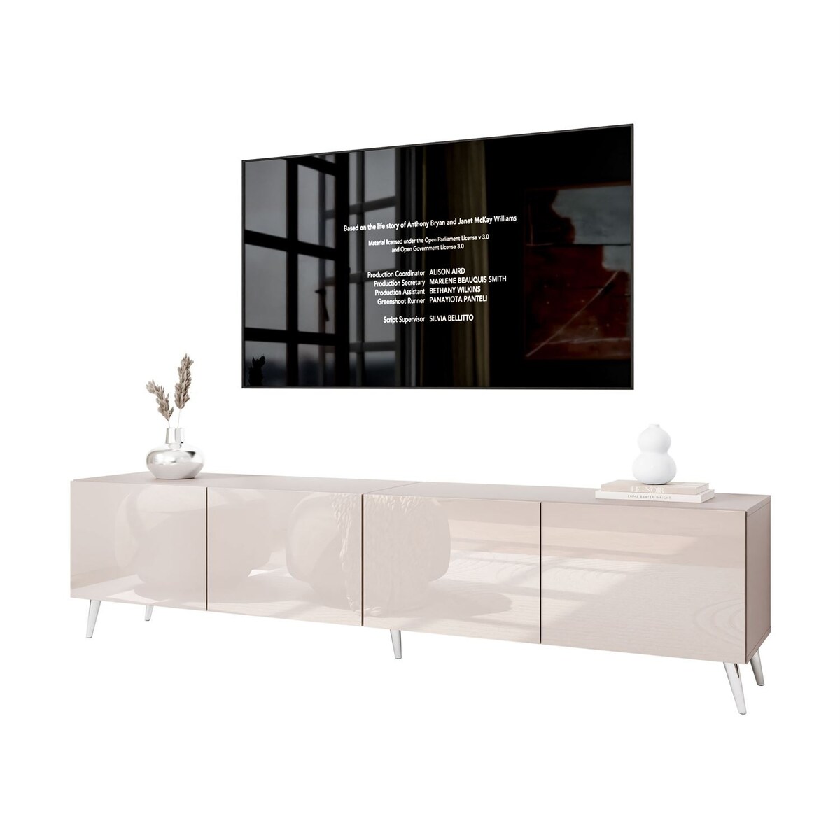 Szafka RTV COLGANTE 200 kaszmir wysoki połysk, oświetlenie LED, nóżki skośne srebrne