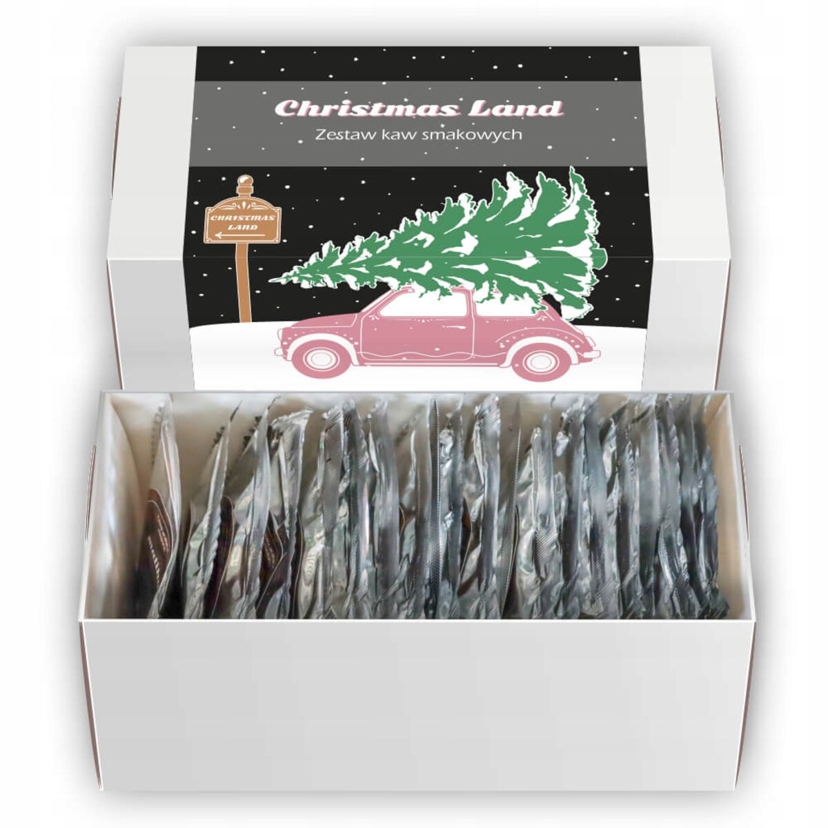 ŚWIĄTECZNY ZESTAW PREZENTOWY 20 SMAKÓW MIELONYCH KAW AROMATYZOWANYCH W SASZETKACH "CHRISTMAS LAND" - PREZENT UPOMINEK NA MIKOŁAJA ŚWIĘTA GWIAZDKĘ BOŻE NARODZENIE POD CHOINKĘ DLA KOBIETY FACETA