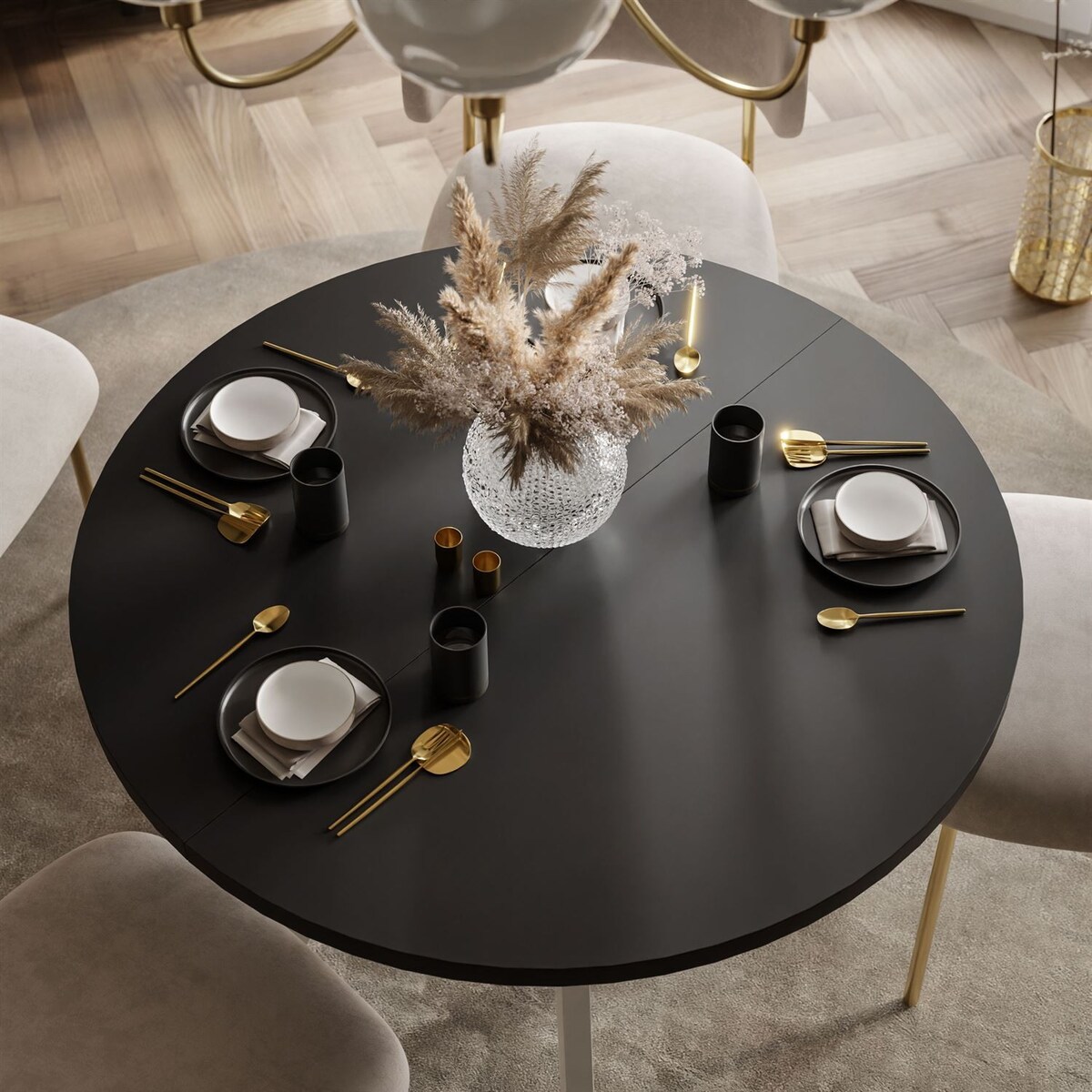 Okrągły stół rozkładany VOLTA MATT, nogi białe, blat czarny