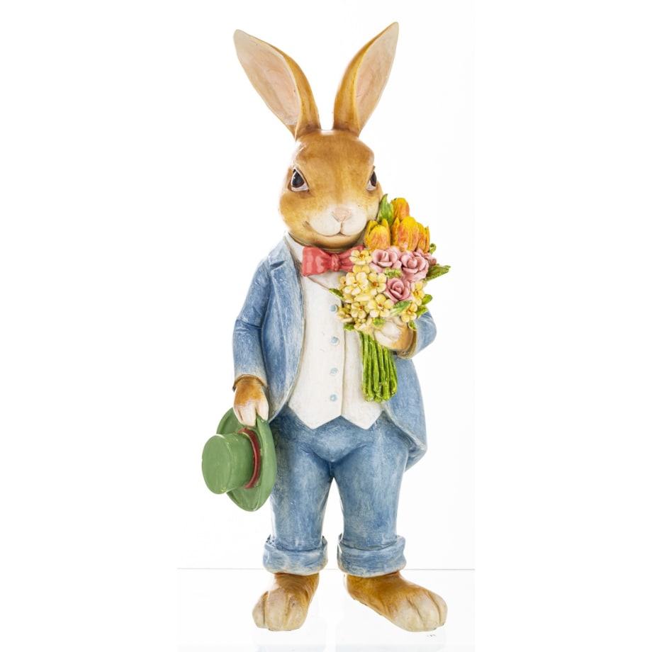 Figurka - królik w niebieskim płaszczu 25,5x10,5x10 cm CONTENIDO z bukietem kwiatów