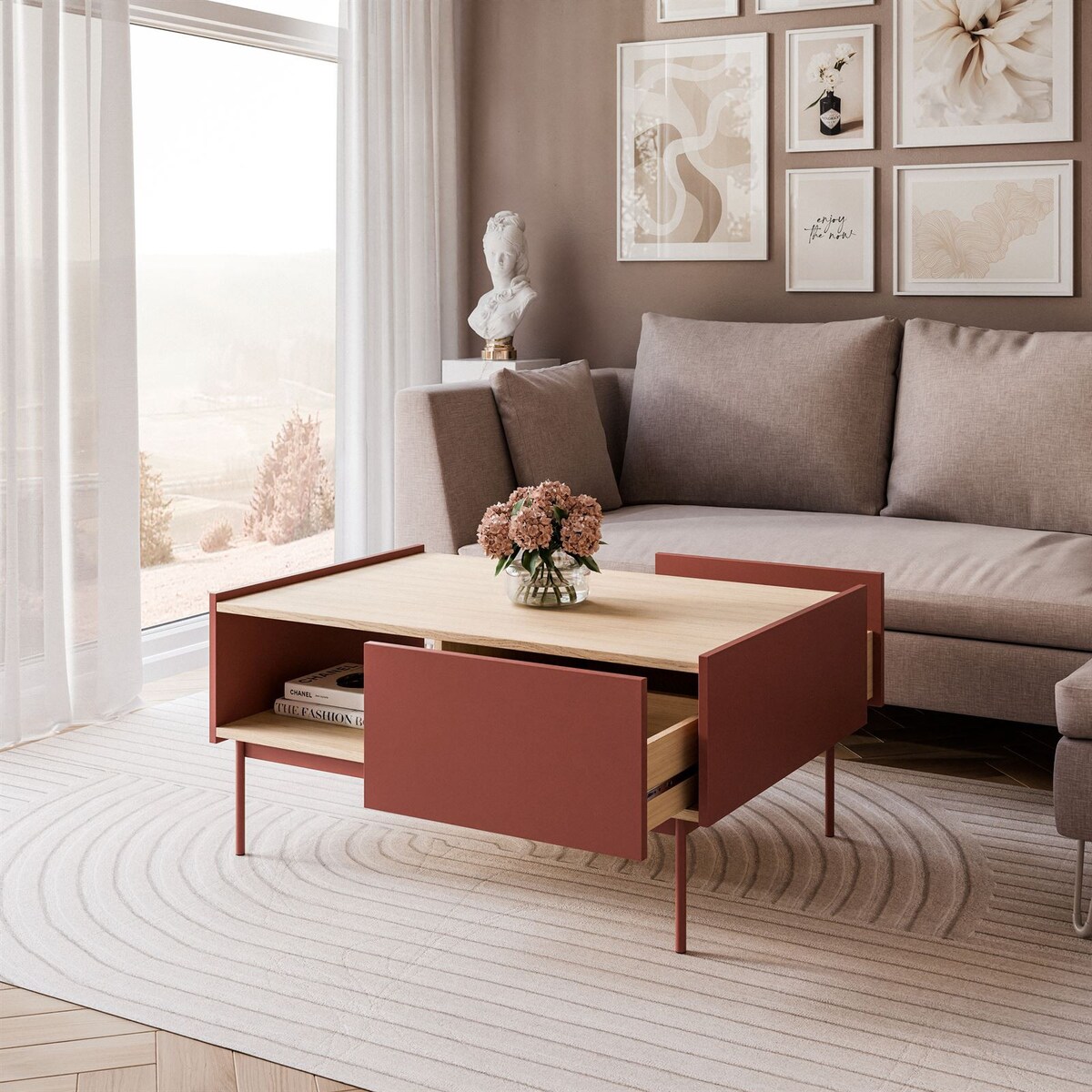 Ława ESSENCE L97 z szufladą ceramic red dąb linea