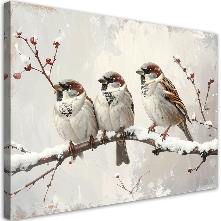 Obraz do salonu sypialni biura, Wróble ptaki siedzące na gałęzi w zimie