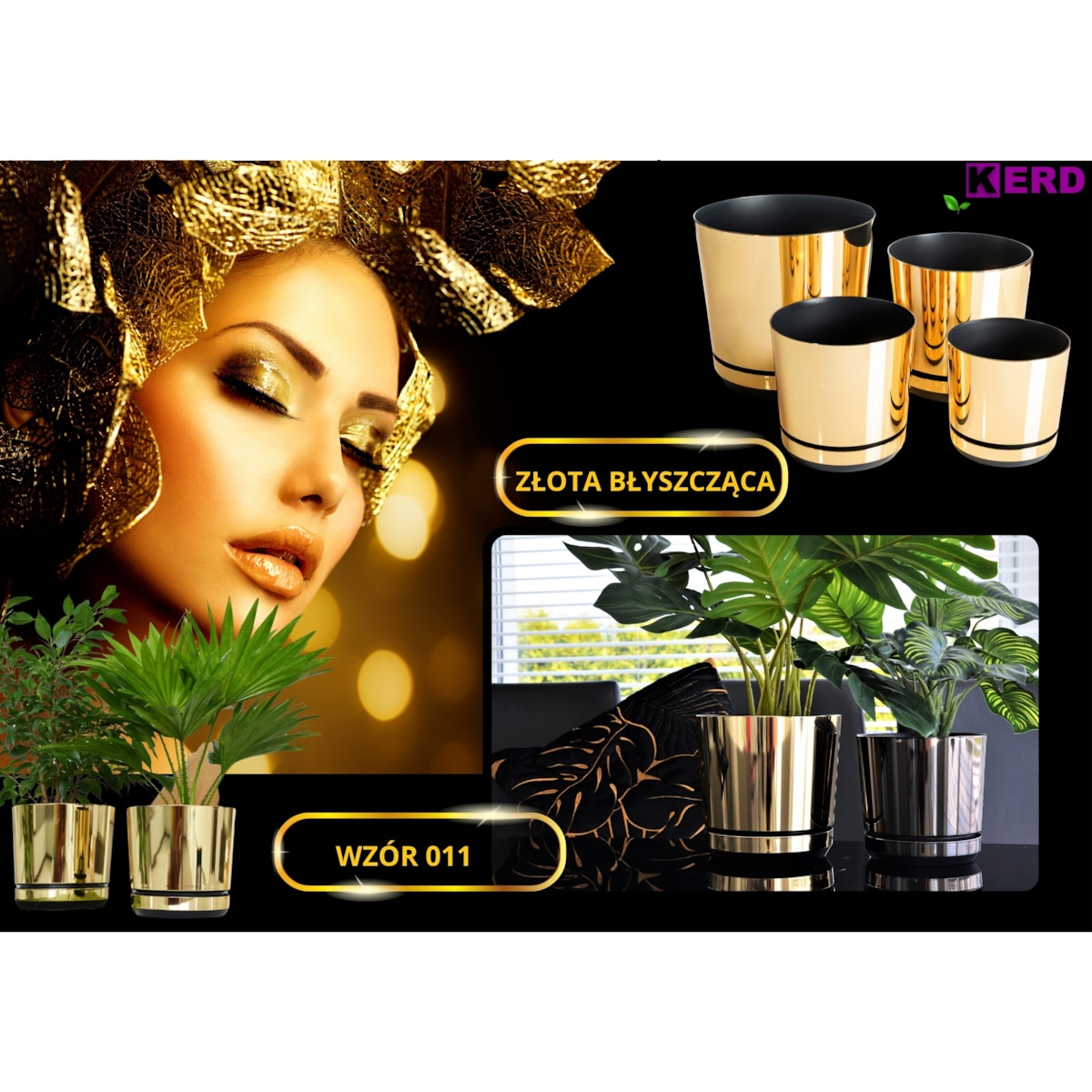 26 cm wzór ZŁOTY BŁYSZCZĄCY Doniczka z podstawką nowoczesna elegancka glamour wysoki połysk