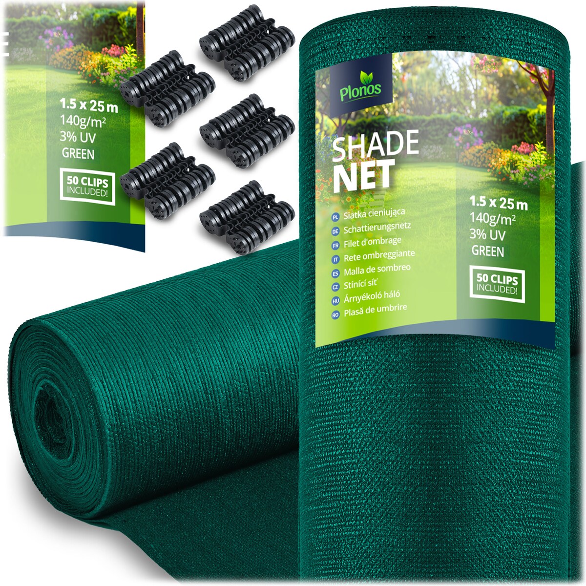 Siatka cieniująca Plonos 1,5x50m maskująca mata na płot ogrodzenie osłona zielona 90% + UV