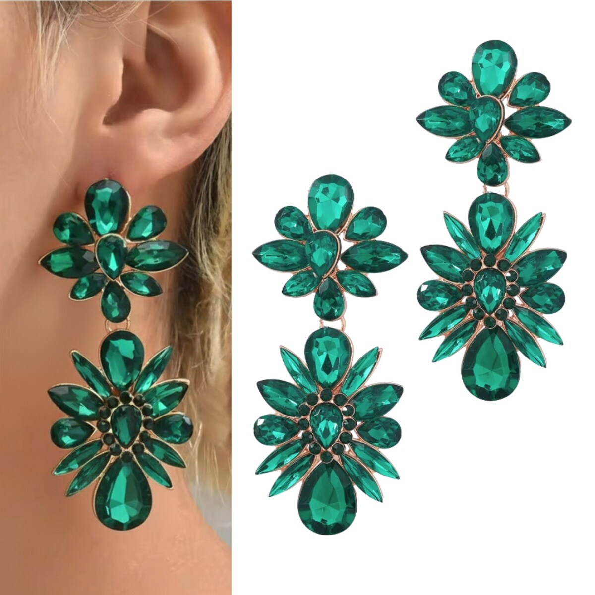 Efektowne duże złote kolczyki zielone kryształowe eleganckie zjawiskowe