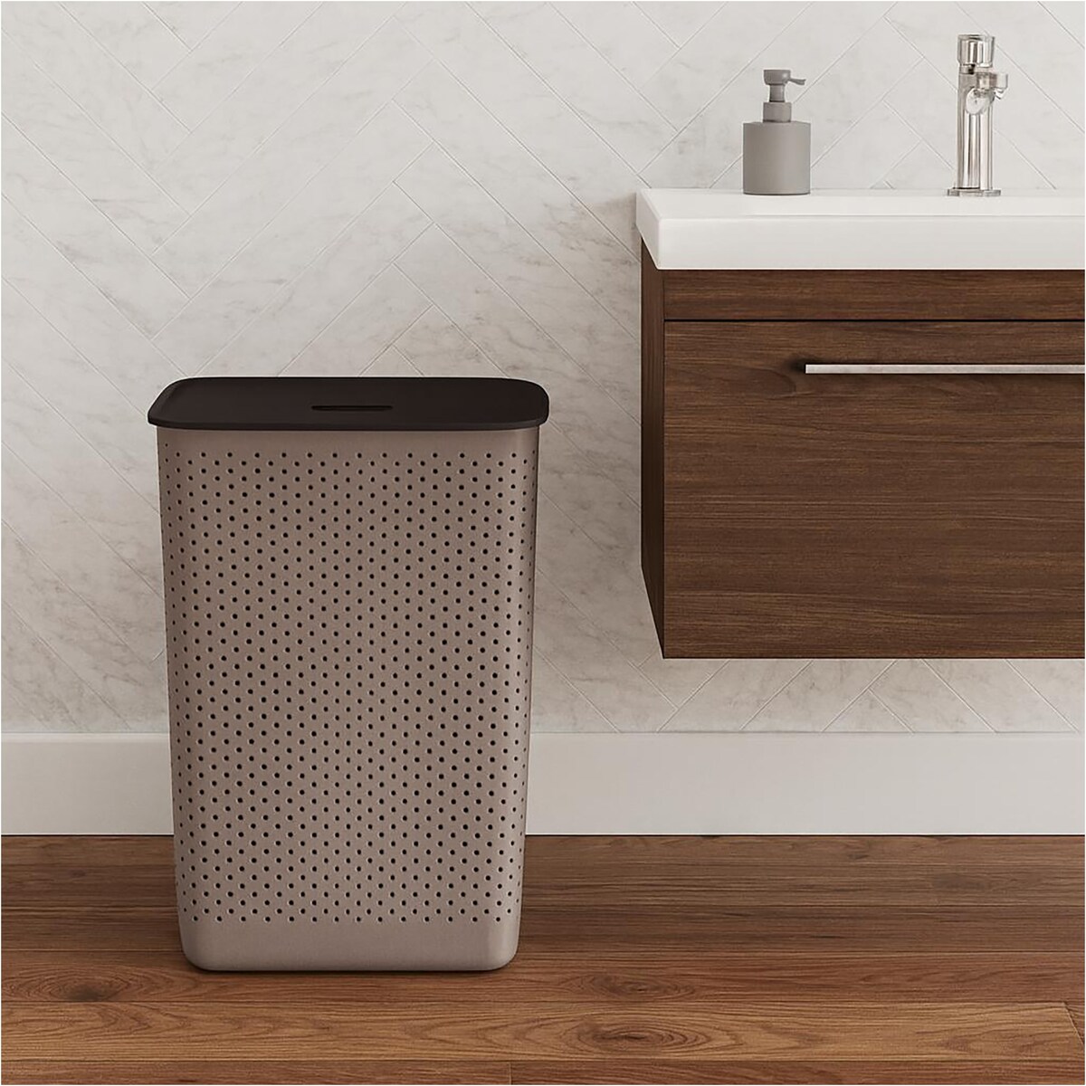 Kosz Na Pranie Bieliznę Wolnostojący Łazienkowy 60 L Duży Brązowy