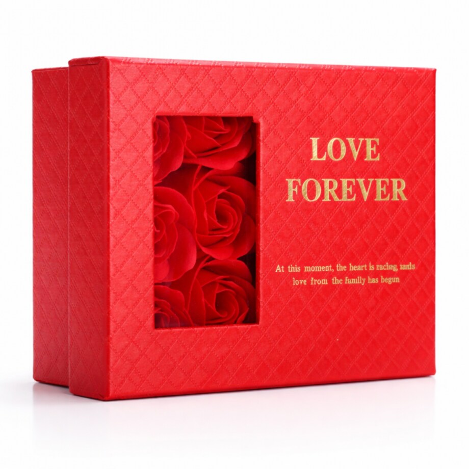 Pudełeczko na biżuterie z 6 szt. zapachowych róż mydlanych, czerwone na prezent BUK28CZE