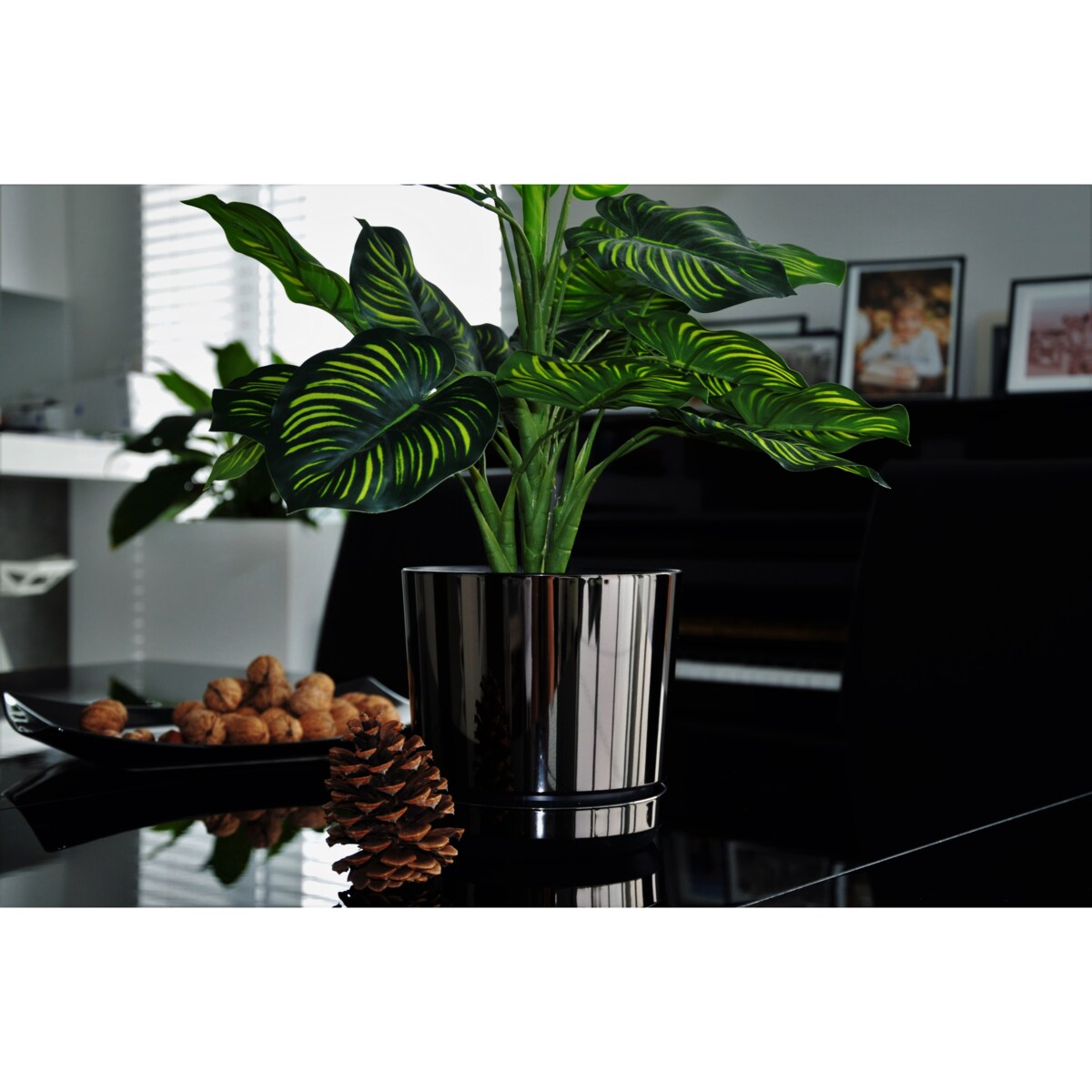 14 cm wzór CZARNY BŁYSZCZĄCY Doniczka z podstawką nowoczesna glamour efekt lustra black wysoki połysk metaliczna elegancka