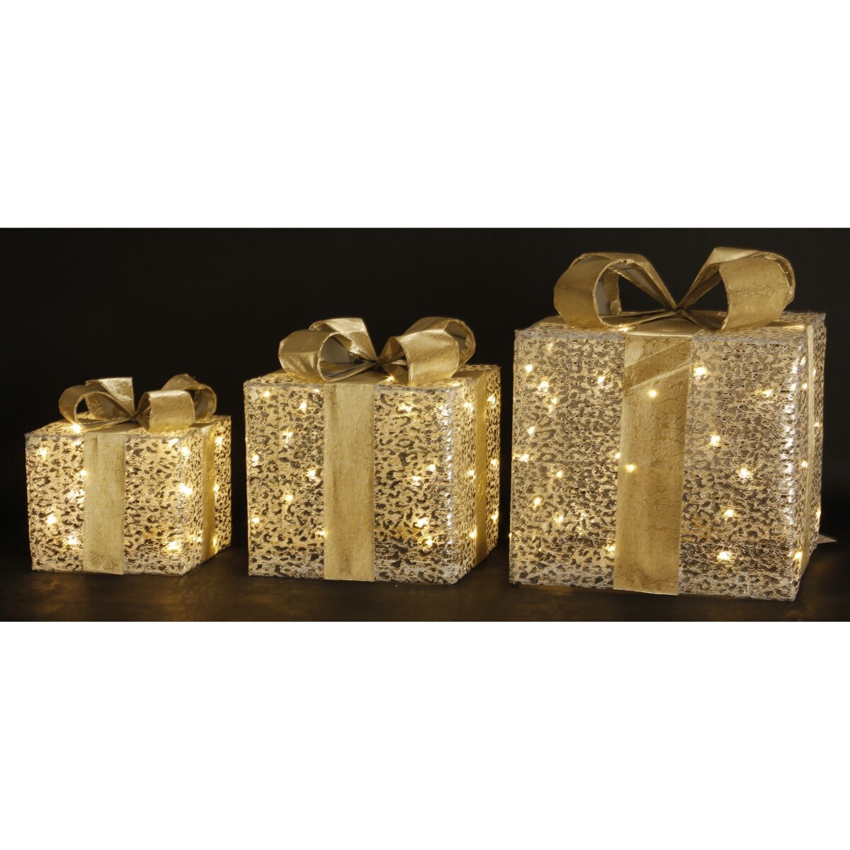 Dekoracja pudełka 3 szt. świecące LED 30x25,5x25,5 i 24x20,5x20,5 i 18x15,5x15,5 cm GABISO-3 srebrny i złoty