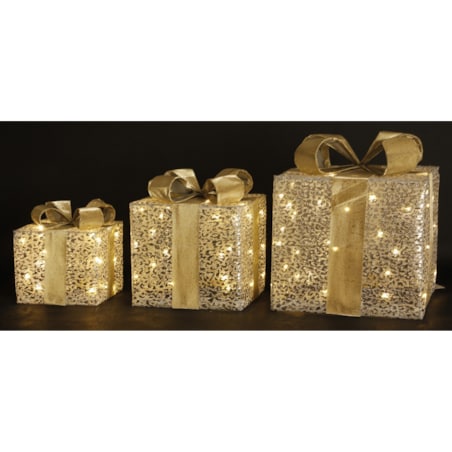 Dekoracja pudełka 3 szt. świecące LED 30x25,5x25,5 i 24x20,5x20,5 i 18x15,5x15,5 cm GABISO-3 srebrny i złoty