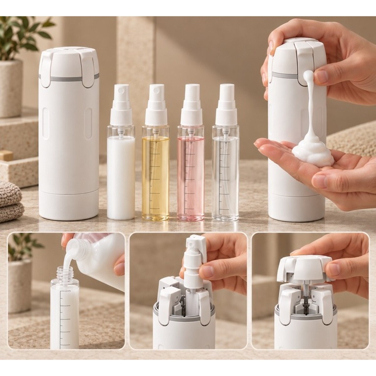 Dozownik podróżny SHP EASY TRAVEL biały 4 × 30 ml na kosmetyki