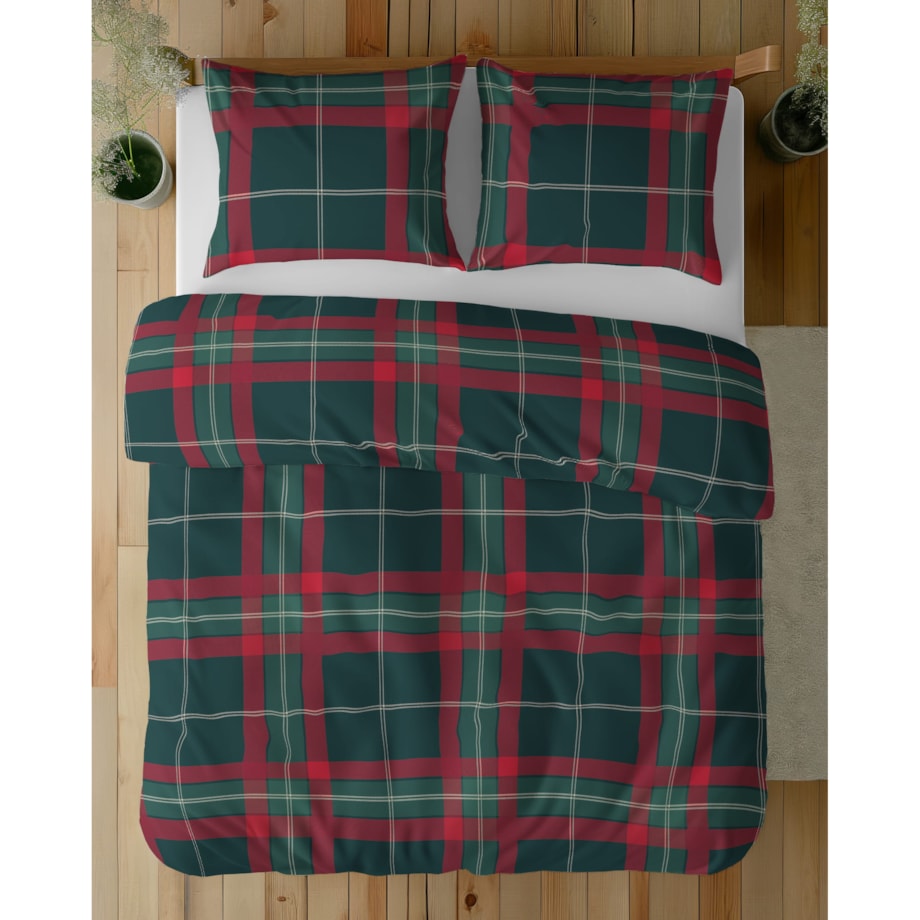 Pościel bawełniana satynowa świąteczna 140x200 CZERWONA ZIELONA KRATA SZKOCKA PREMIUM