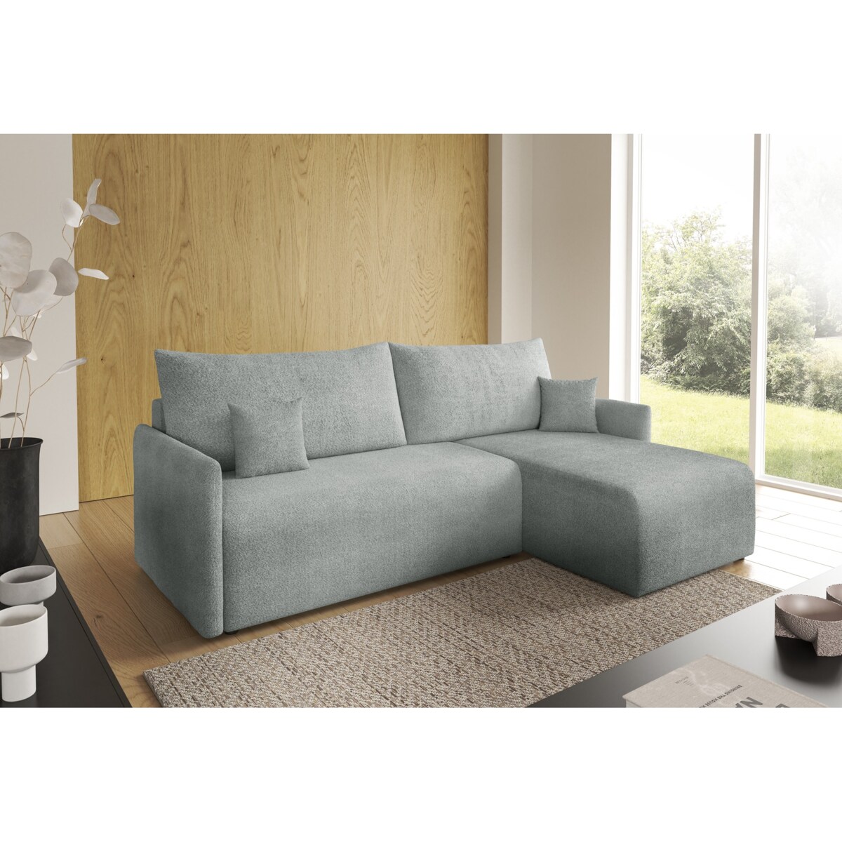 Narożnik z funkcją spania VALIA i pojemnikiem na pościel, jasno-szary