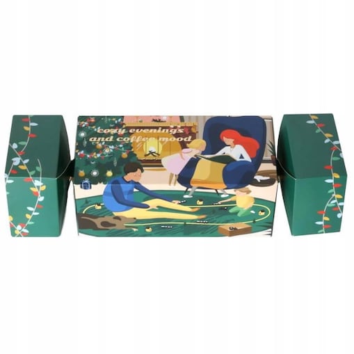 ŚWIĄTECZNY CRACKER COFFEE MOOD Z KAWĄ SMAKOWĄ PREMIUM 10 SMAKÓW W SASZETKACH + POCZTÓWKA - PREZENT UPOMINEK NA MIKOŁAJA ŚWIĘTA GWIAZDKĘ BOŻE NARODZENIE POD CHOINKĘ DLA KOBIETY FACETA