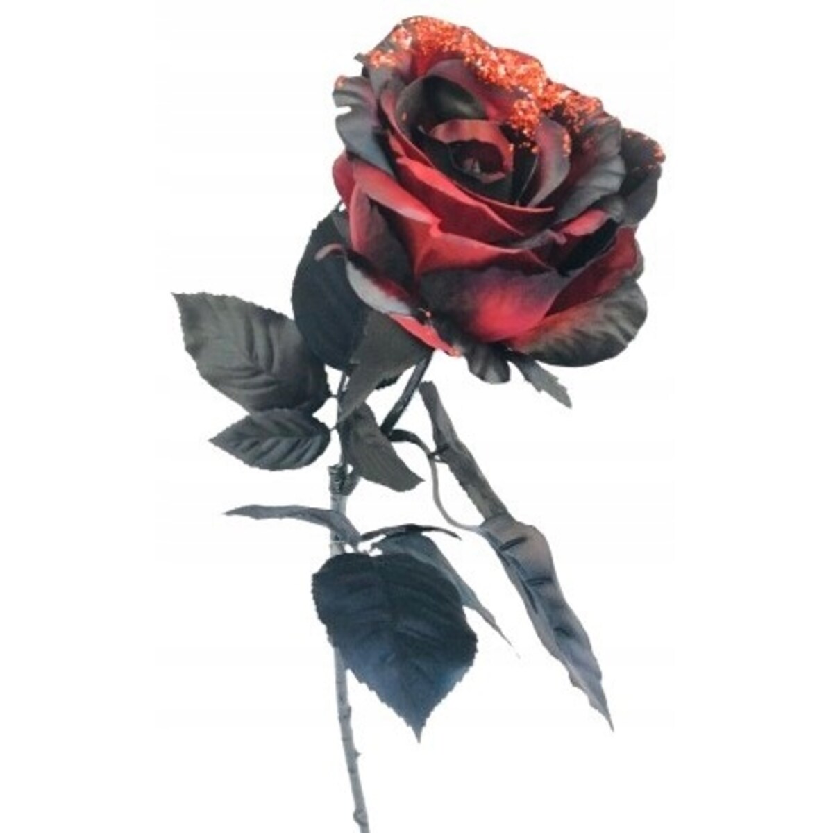ŁODYGA RÓŻA Z BROKATEM czerwono czarna liść do flakonu wazonu święta 65cm
