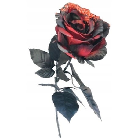 ŁODYGA RÓŻA Z BROKATEM czerwono czarna liść do flakonu wazonu święta 65cm
