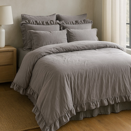 Pościel bawełniana 160x200 z falbanką Stonewashed Exclusive, Opal Grey