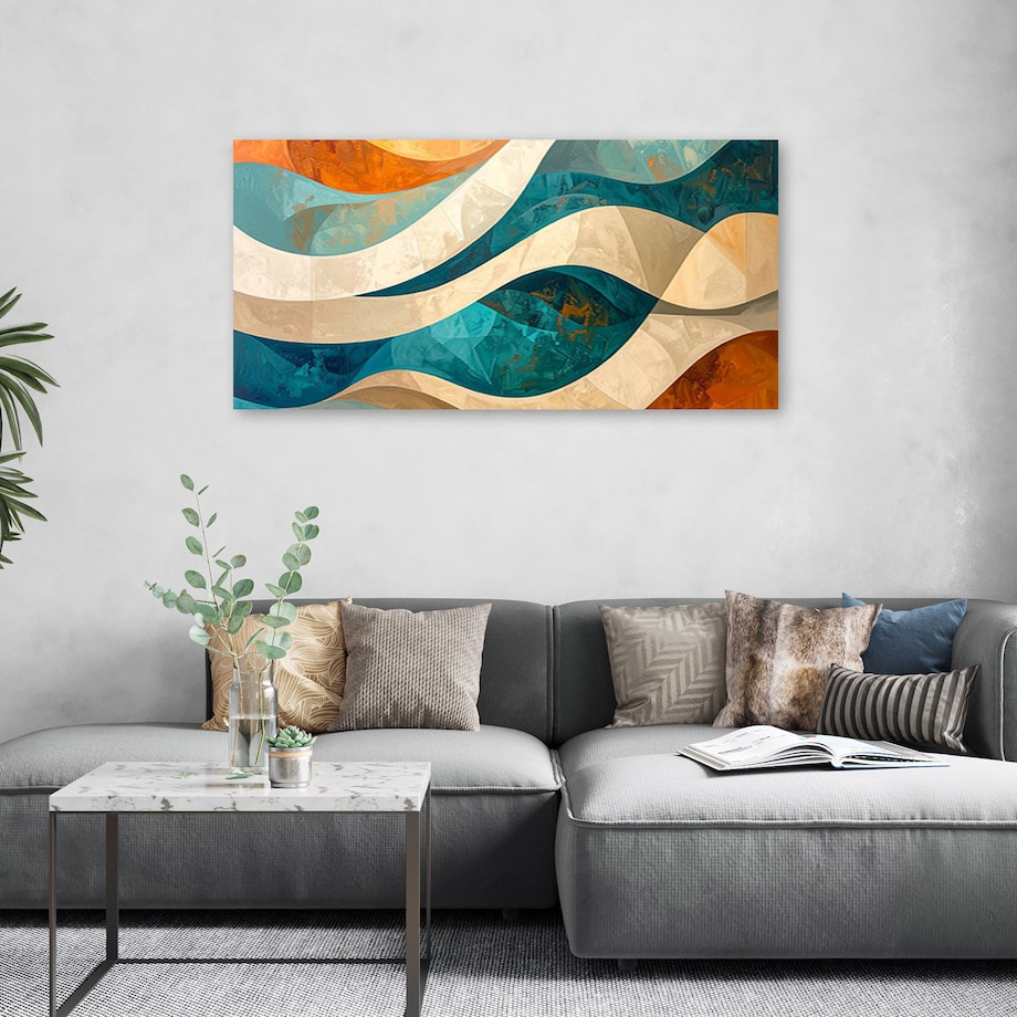 Obraz do salonu sypialni biura loftu, Abstrakcja linie kształty beżowy turkusowy