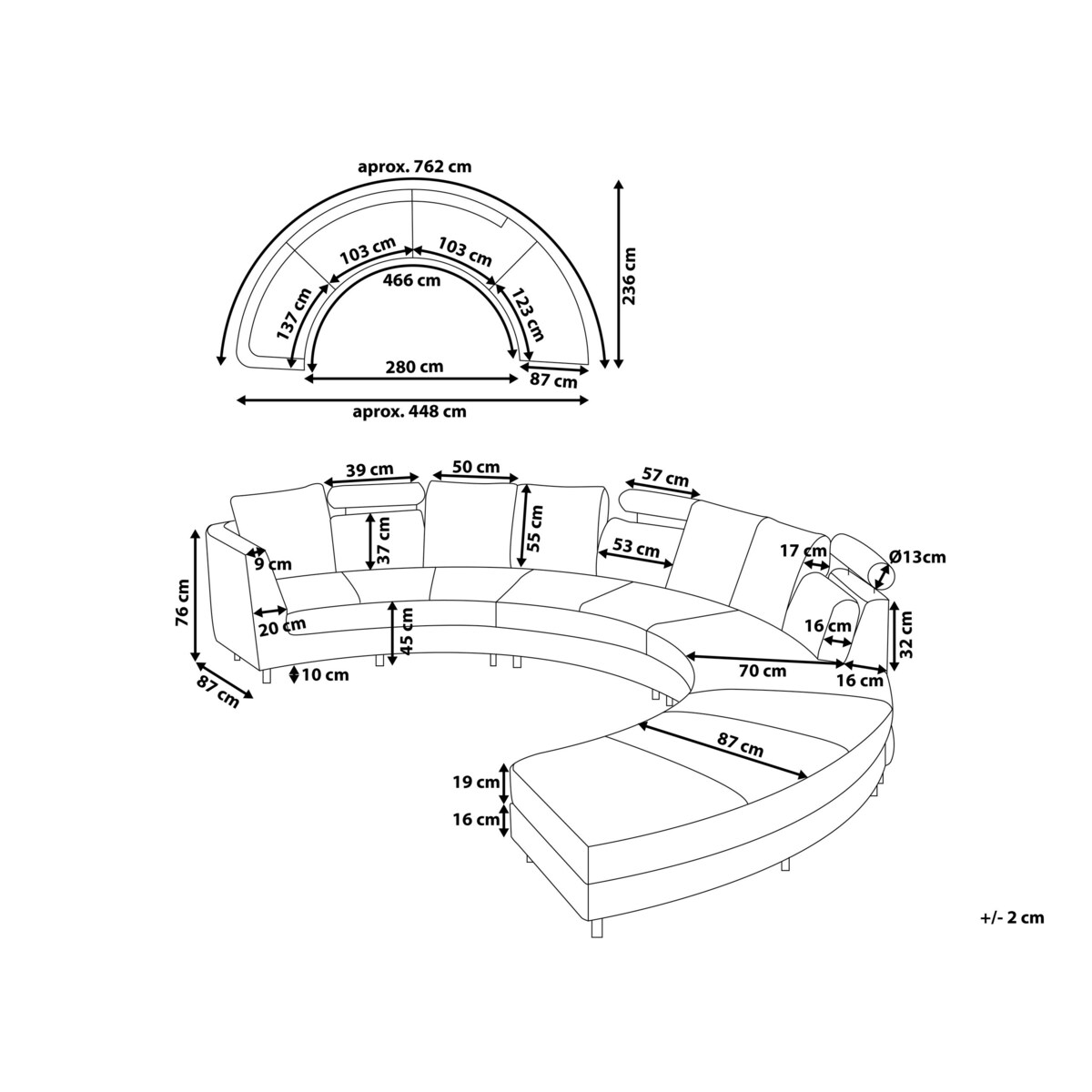 Sofa półokrągła 7-osobowa modułowa szara ROTUNDE