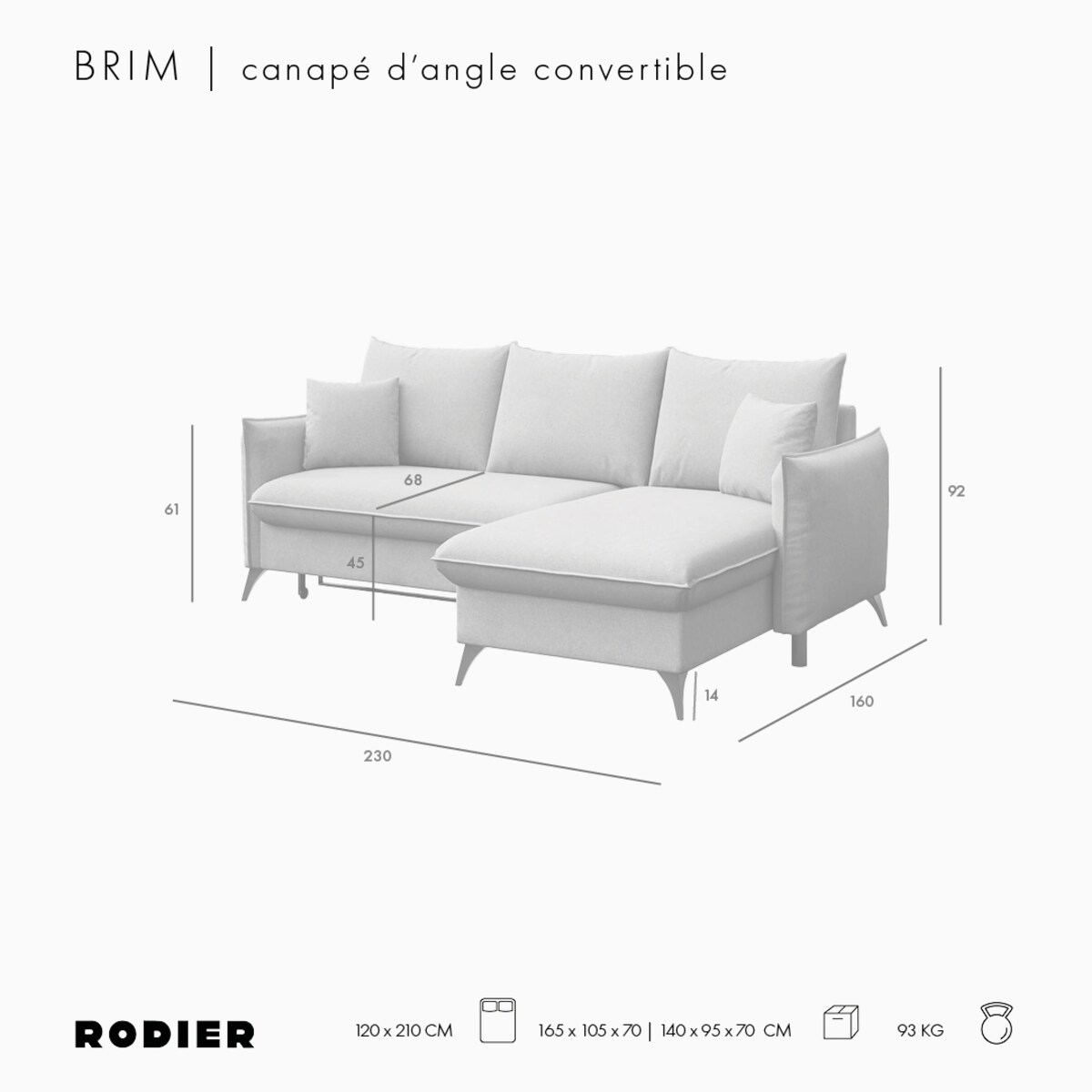 Brim Sofa narożna prawa z funkcją spania i pojemnikiem prawa jasnoszara