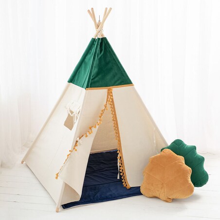 Namiot tipi Velvet Green, zestaw tipi z matą i poduszkami