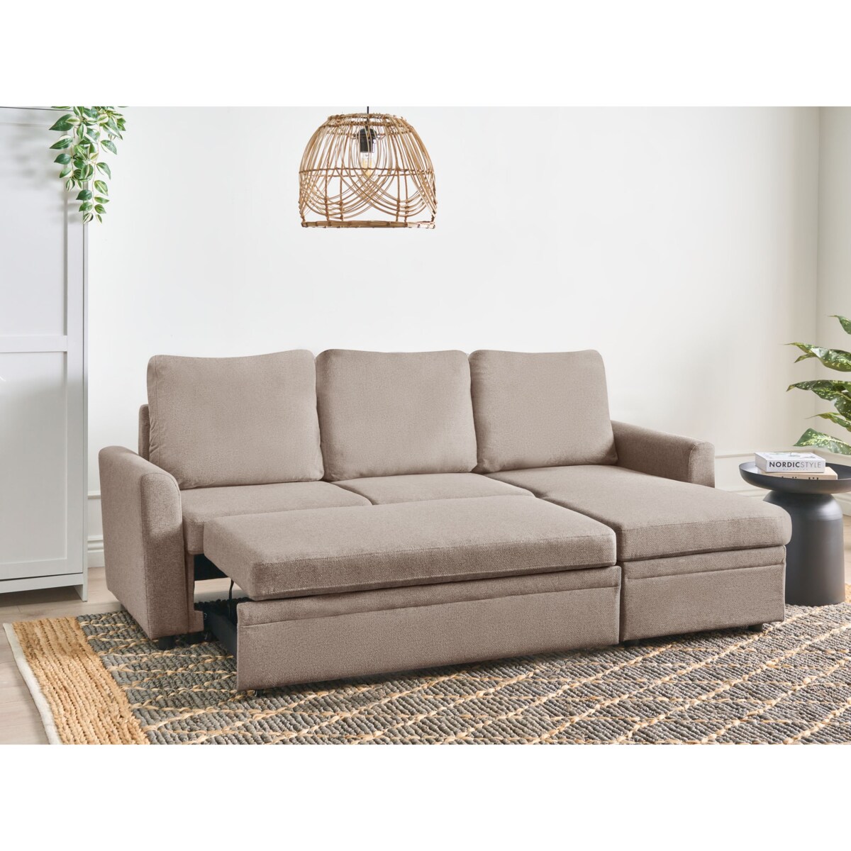 Narożnik rozkładany NASSJO Len syntetyczny Jasnobrązowy ze schowkiem dla 3 osób Lewostronny