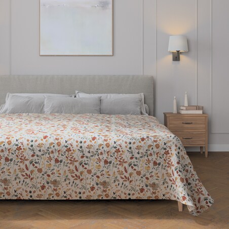 Pled narzuta 220x260cm 220x260 pomarańczowo-zielone kwiaty na kremowym tle