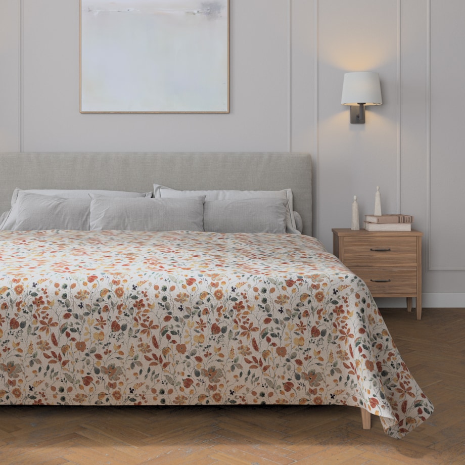 Pled narzuta 220x260cm 220x260 pomarańczowo-zielone kwiaty na kremowym tle