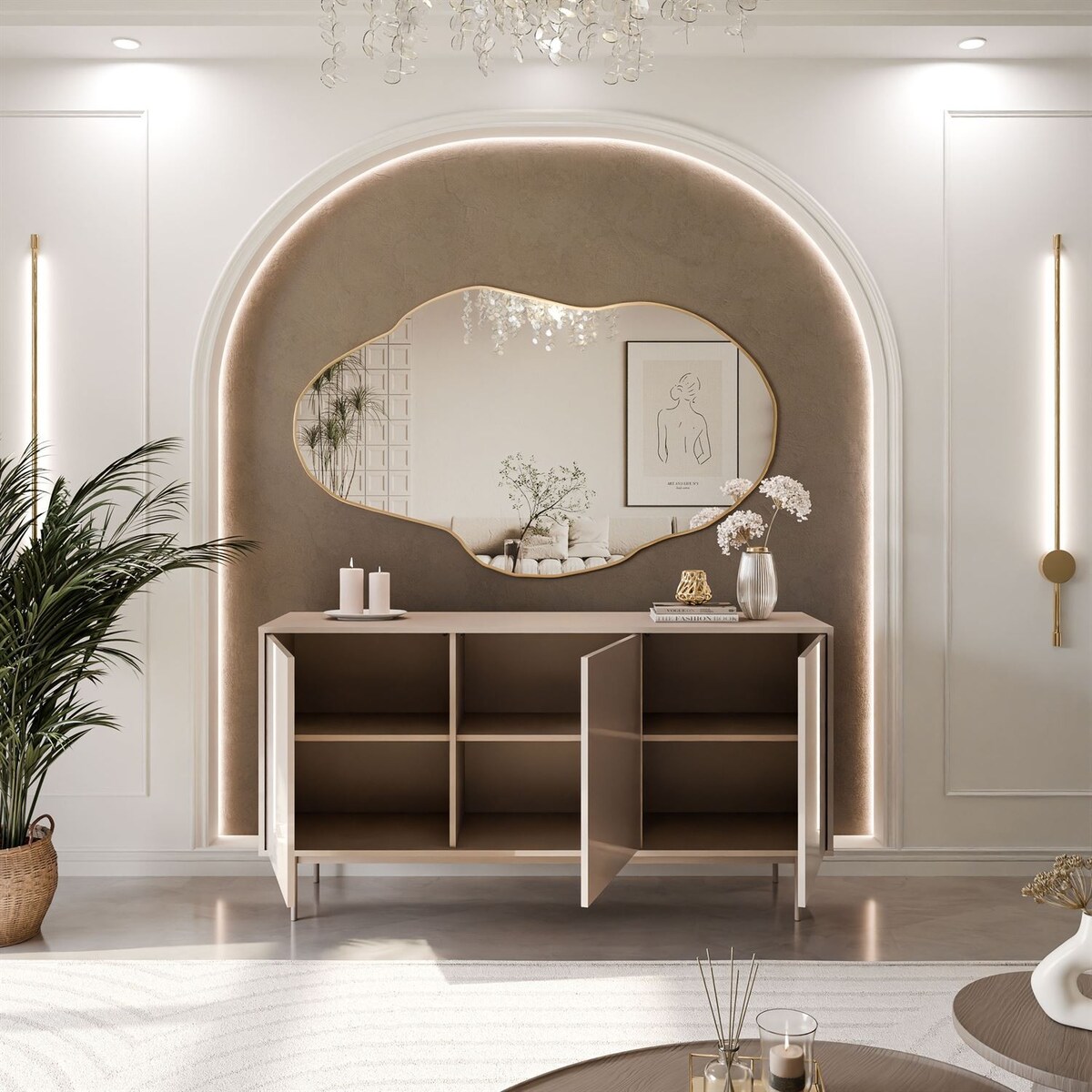 Trzydrzwiowa komoda SANAYI kaszmir połysk, na stelażu