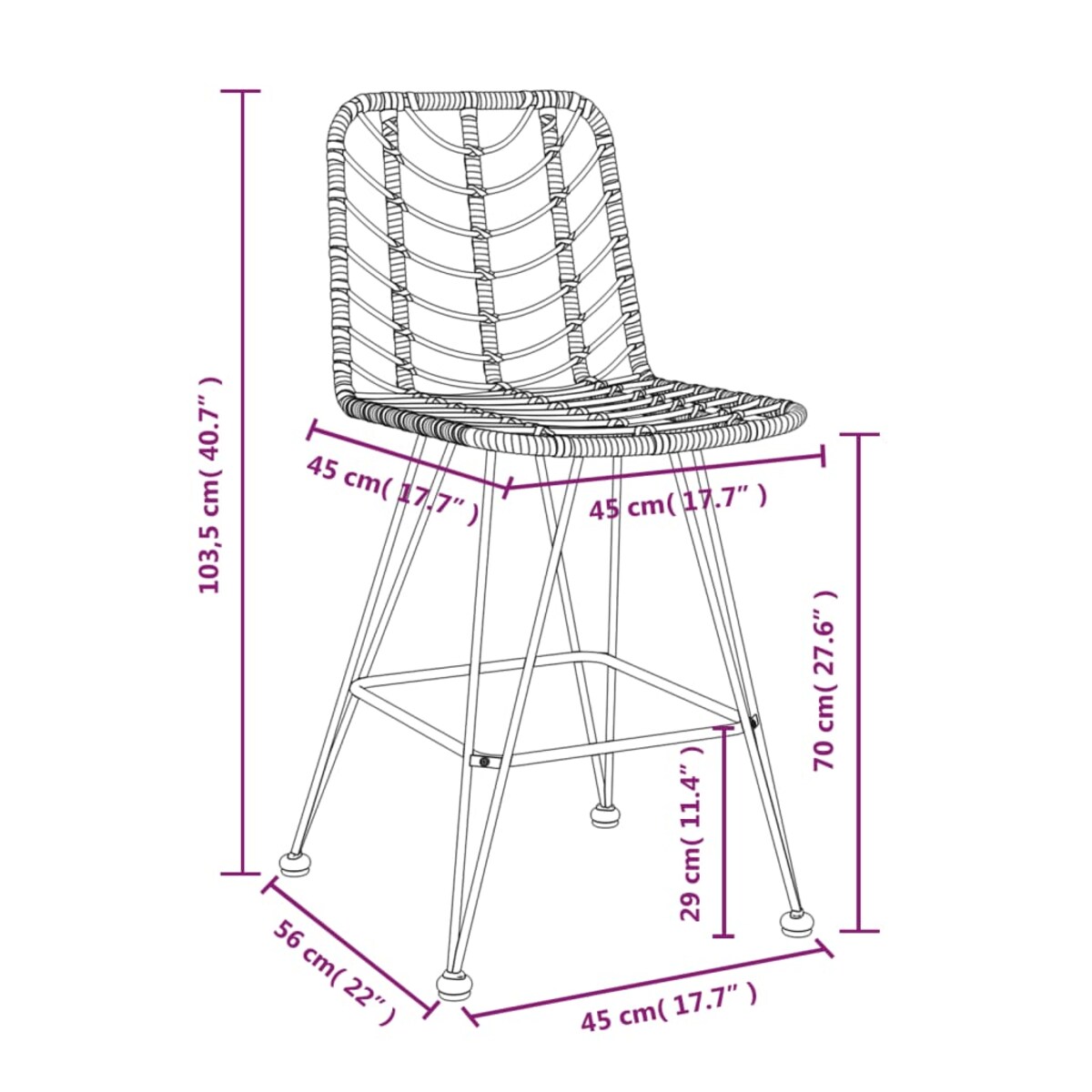vidaXL Stołki barowe, 2 szt., czarne 45x56x103,5 cm, PE, rattan i stal