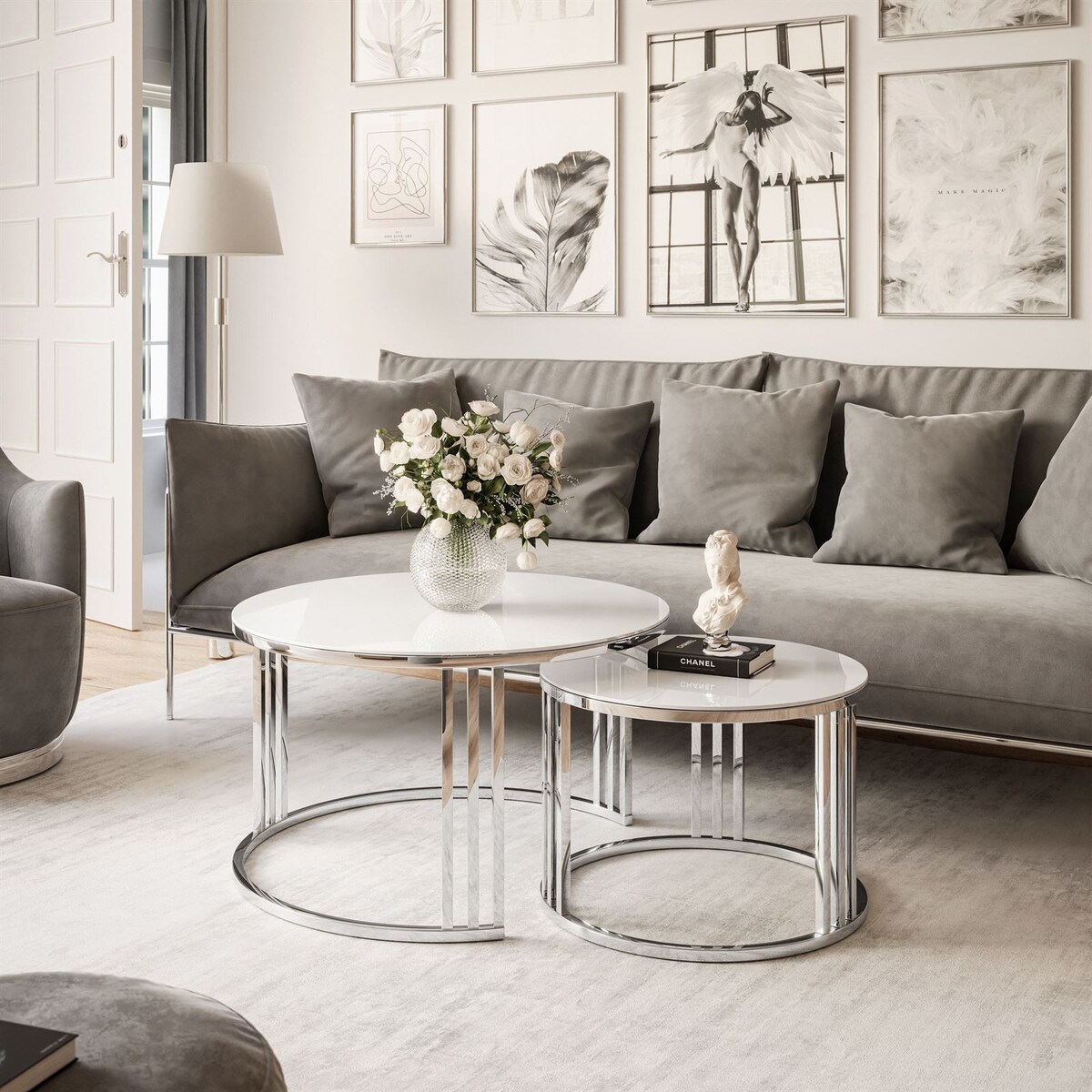 Stolik LORI 2w1 chrom białe szkło